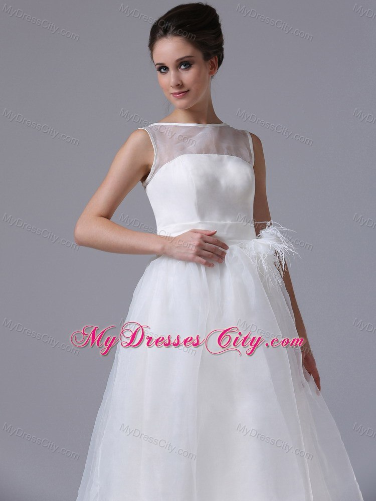 Sheer Neckline Tea-length Belt Organza Beach Wedding Dress