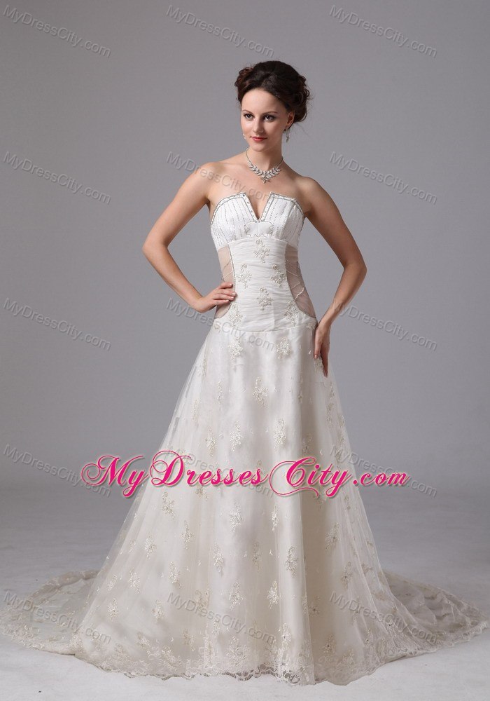 Appliques V-neck Lace Chapel Train Transparent Wedding Dress