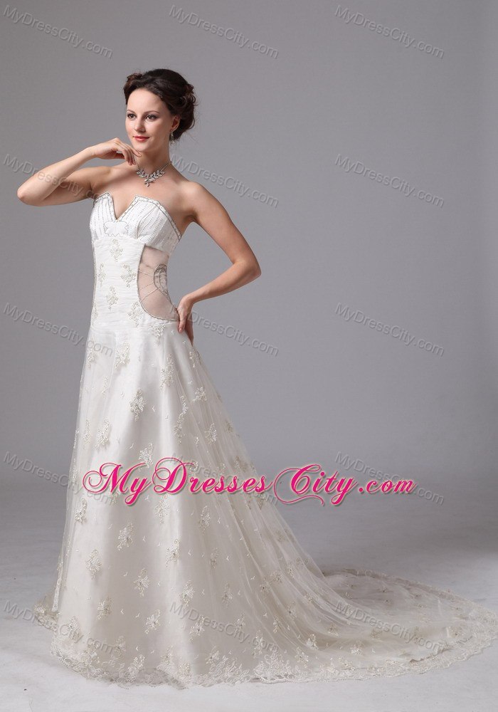 Appliques V-neck Lace Chapel Train Transparent Wedding Dress