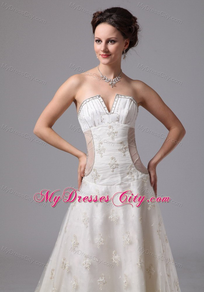 Appliques V-neck Lace Chapel Train Transparent Wedding Dress