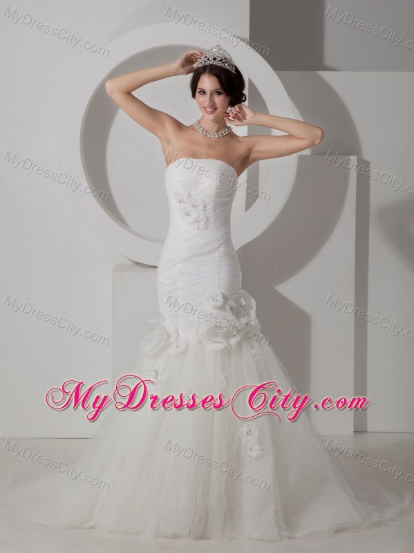 Ruching and Flowers Mermaid Strapless Court Train Wedding Dress