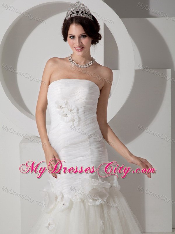 Ruching and Flowers Mermaid Strapless Court Train Wedding Dress