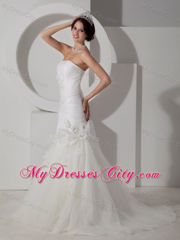 Ruching and Flowers Mermaid Strapless Court Train Wedding Dress