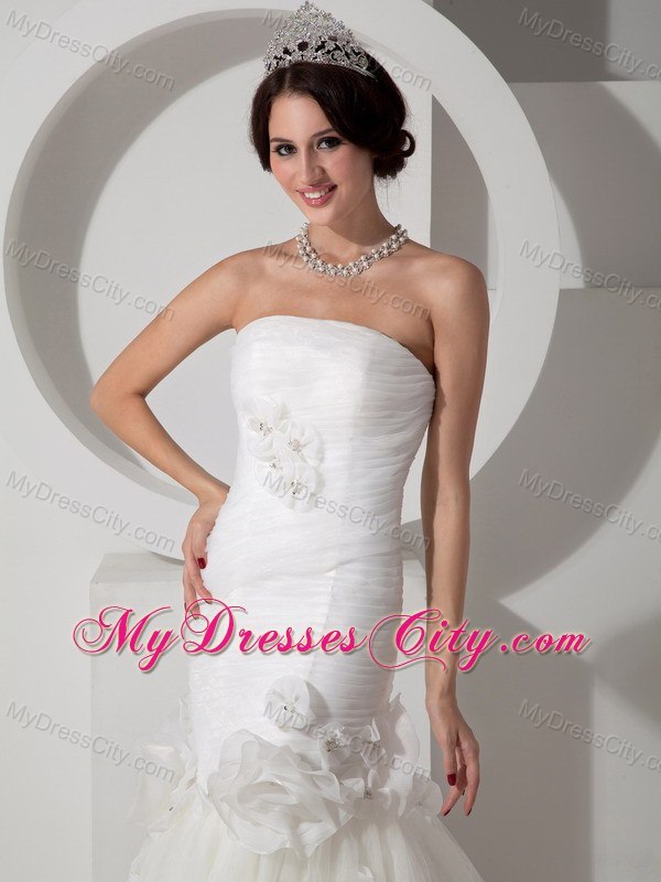 Ruching and Flowers Mermaid Strapless Court Train Wedding Dress