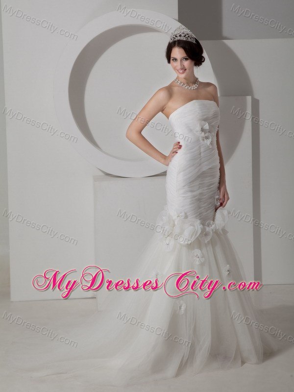 Ruching and Flowers Mermaid Strapless Court Train Wedding Dress