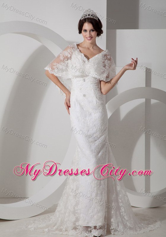 V-neck Brush Train Lace Covered Wedding Dress with Mantle