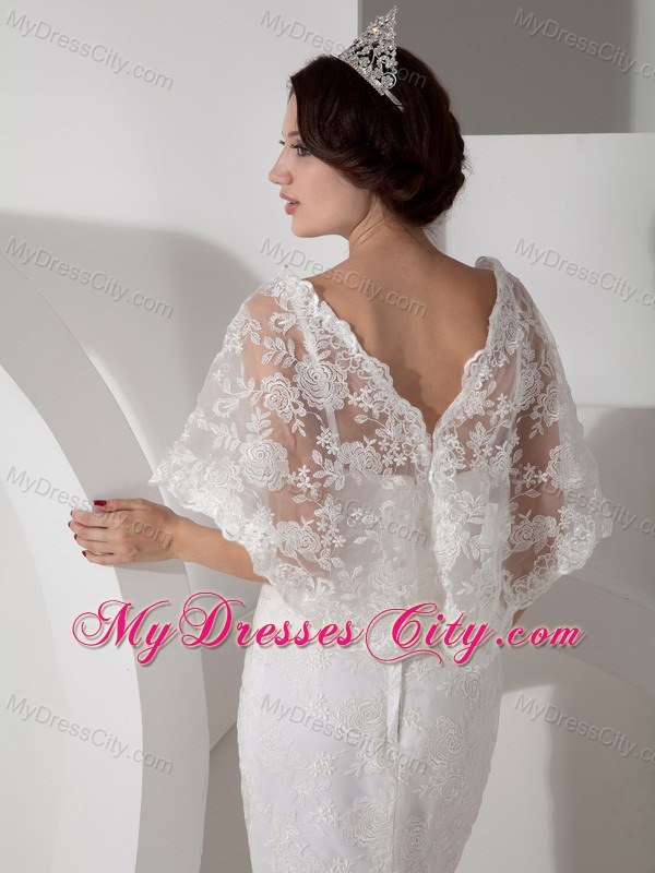 V-neck Brush Train Lace Covered Wedding Dress with Mantle