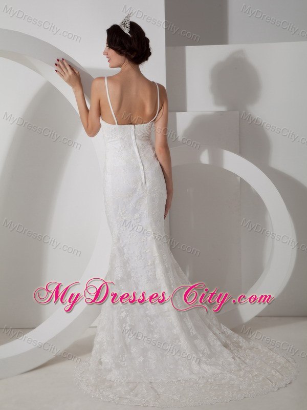 V-neck Brush Train Lace Covered Wedding Dress with Mantle