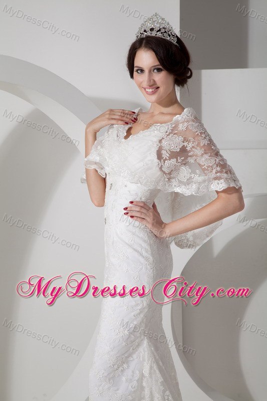 V-neck Brush Train Lace Covered Wedding Dress with Mantle