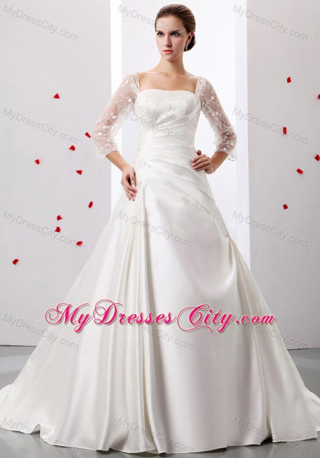 Ruching and Appliques Square Wedding Dress With 3 4 Sleeves