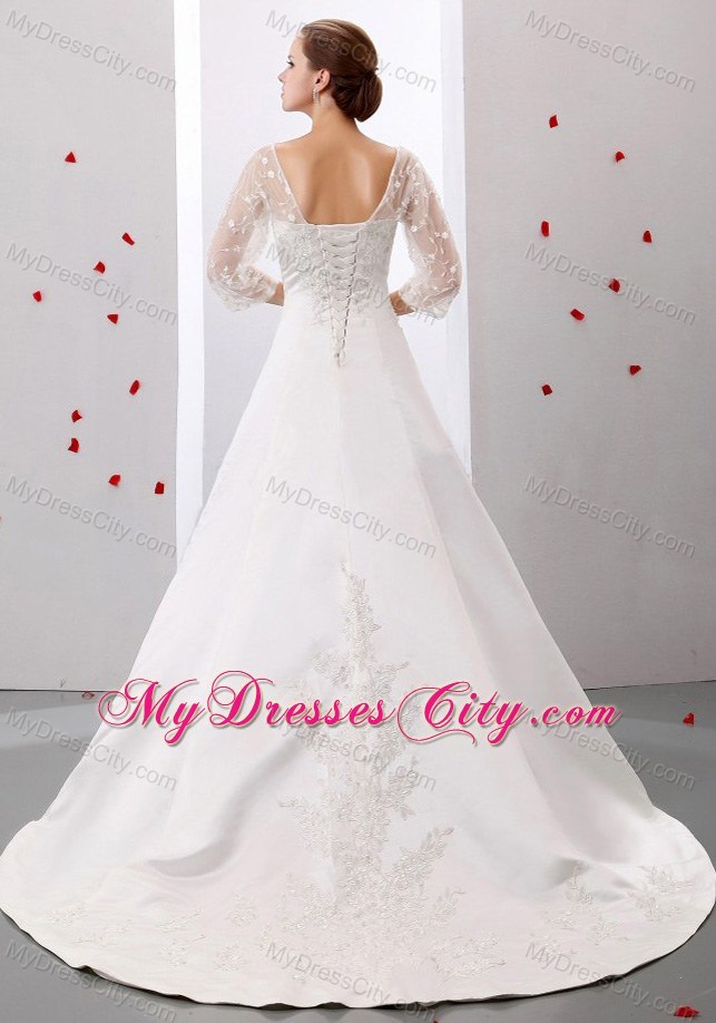 Ruching and Appliques Square Wedding Dress With 3 4 Sleeves