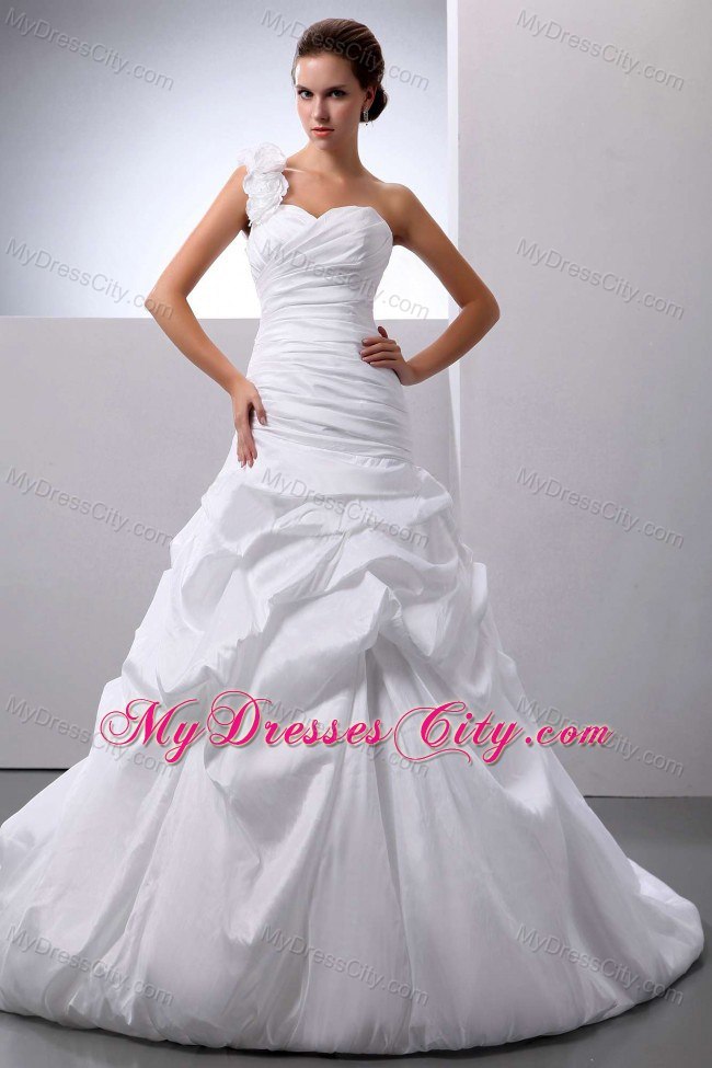 One Shoulder Ruches Court Train Wedding Dress with Pick-ups