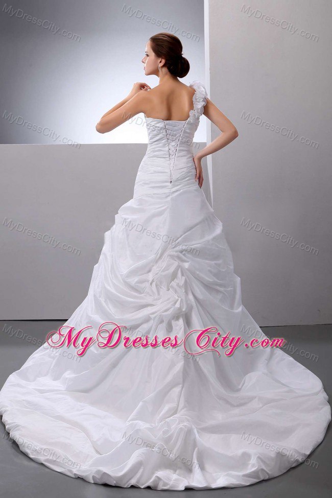 One Shoulder Ruches Court Train Wedding Dress with Pick-ups