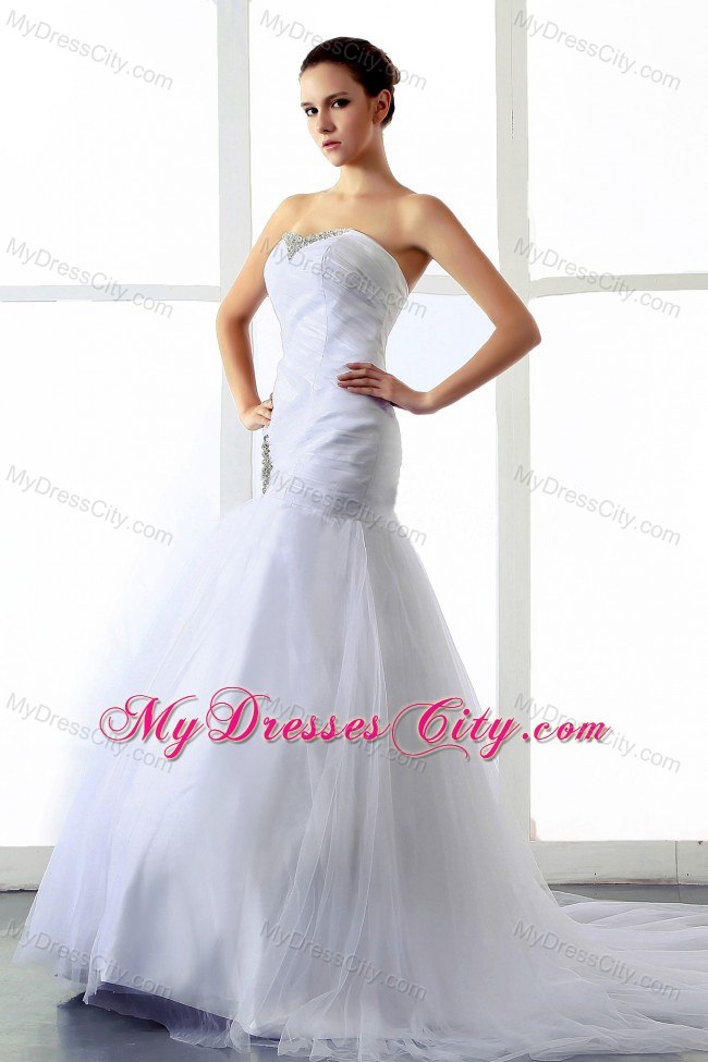 Bodice Sweetheart Brush Train Wedding Gowns with Beading and Ruching