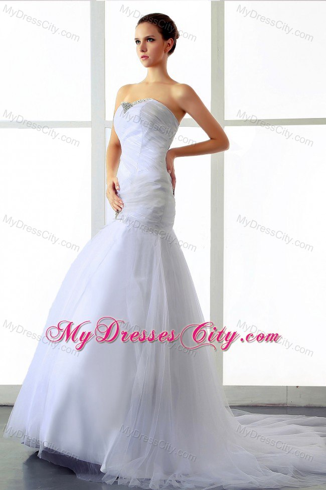 Bodice Sweetheart Brush Train Wedding Gowns with Beading and Ruching