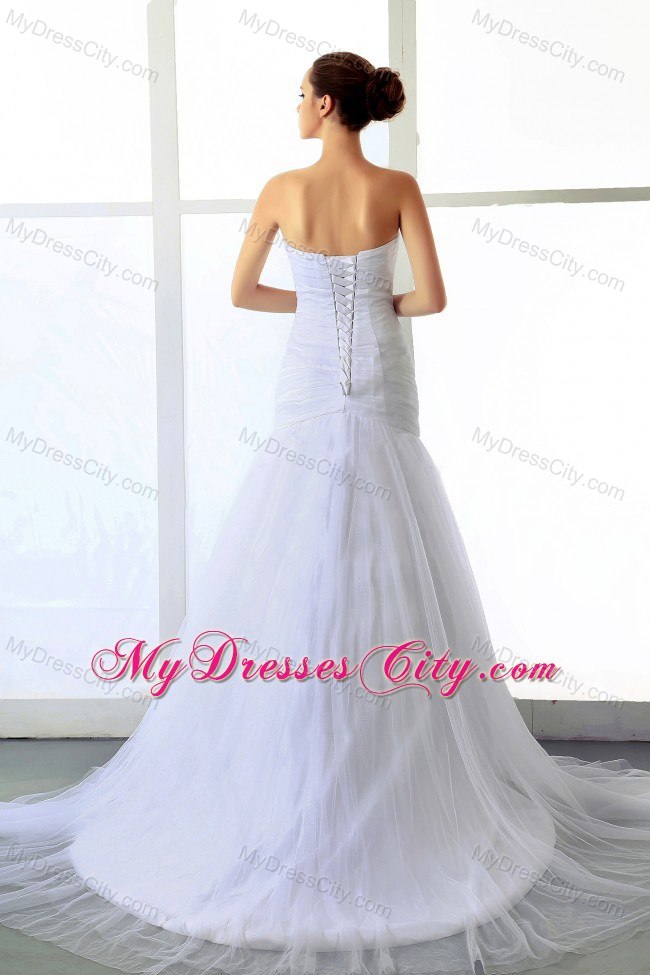 Bodice Sweetheart Brush Train Wedding Gowns with Beading and Ruching