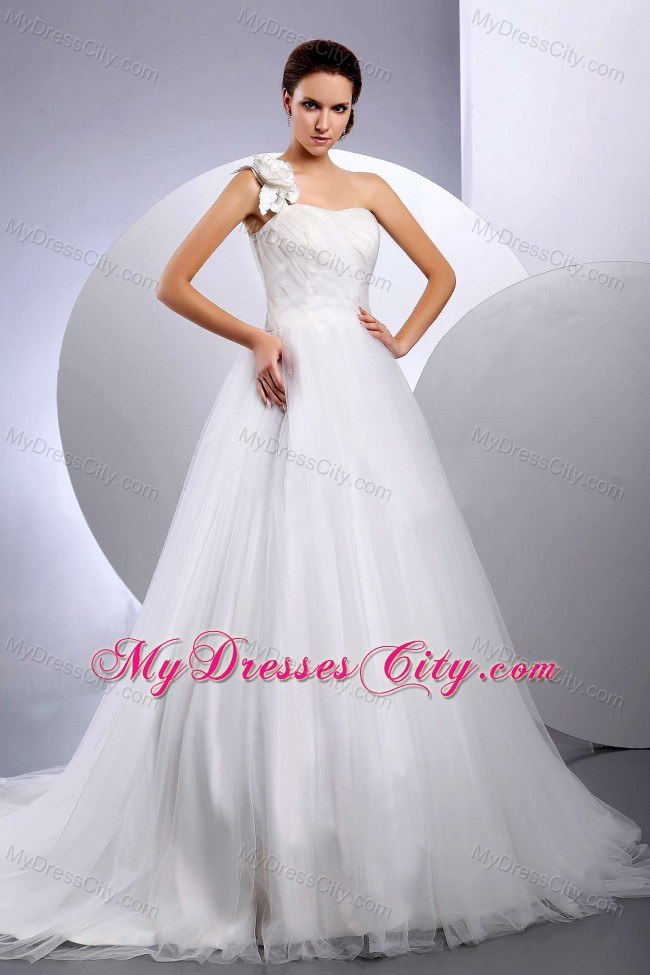 Custom Made Hand Made Flower One Shoulder Bridal Dress with Court Train