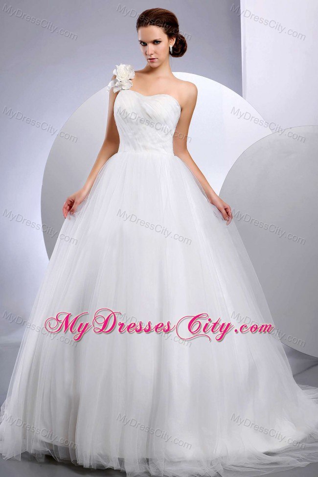 Custom Made Hand Made Flower One Shoulder Bridal Dress with Court Train