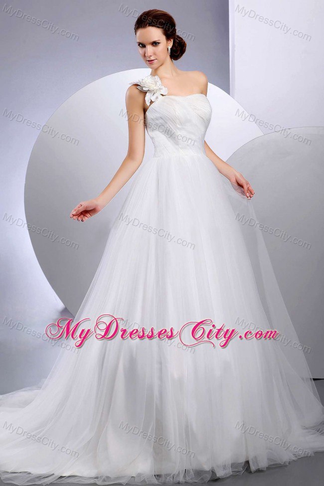 Custom Made Hand Made Flower One Shoulder Bridal Dress with Court Train