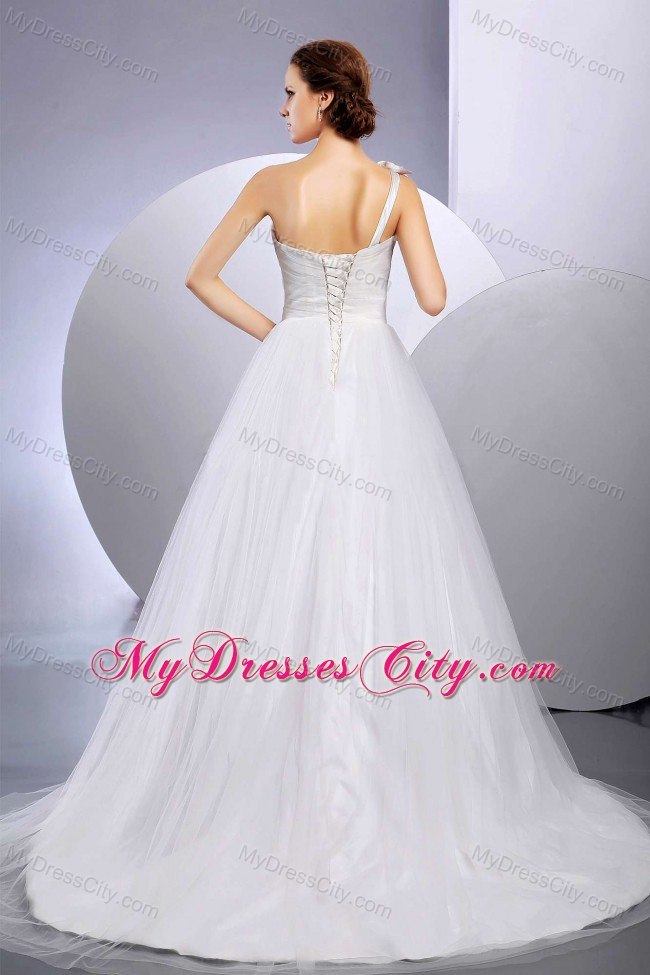 Custom Made Hand Made Flower One Shoulder Bridal Dress with Court Train