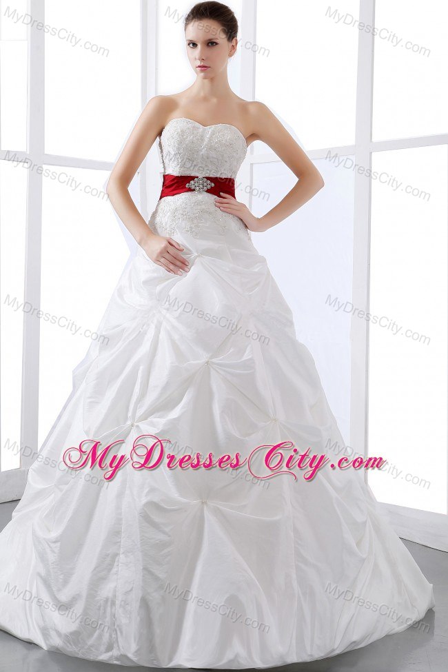 Sweetheart Appliques and Pick-ups Chapel Train Wedding Dress with Red Sash