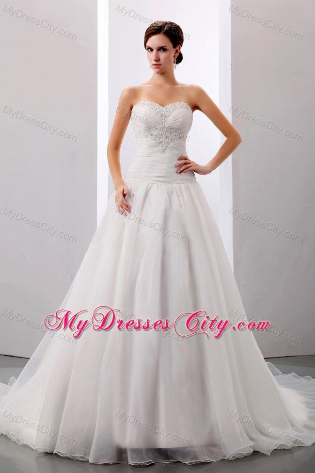 Appliques and Ruche Sweetheart Bridal Dresses with Chapel Train