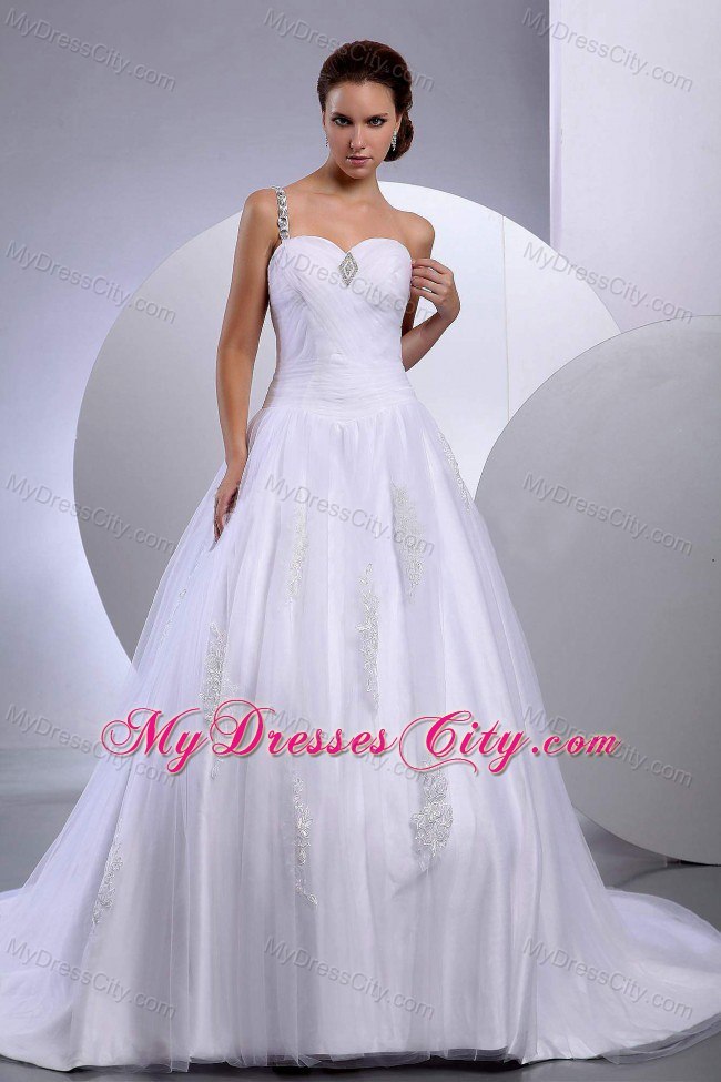 Rhinestone One Shoulder Tulle Appliques Chapel Train Wedding Dress