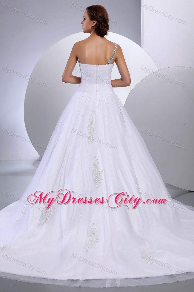 Rhinestone One Shoulder Tulle Appliques Chapel Train Wedding Dress