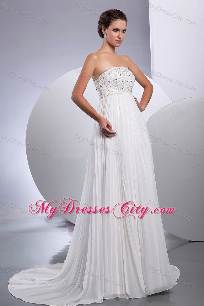 Beading Empire Strapless Pleating Court Train Chiffon Bridal Gown