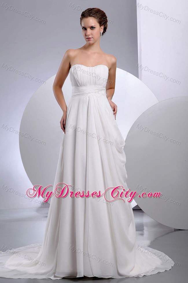 Chiffon Ruched Strapless Empire Court Train Wedding Dress For Sale