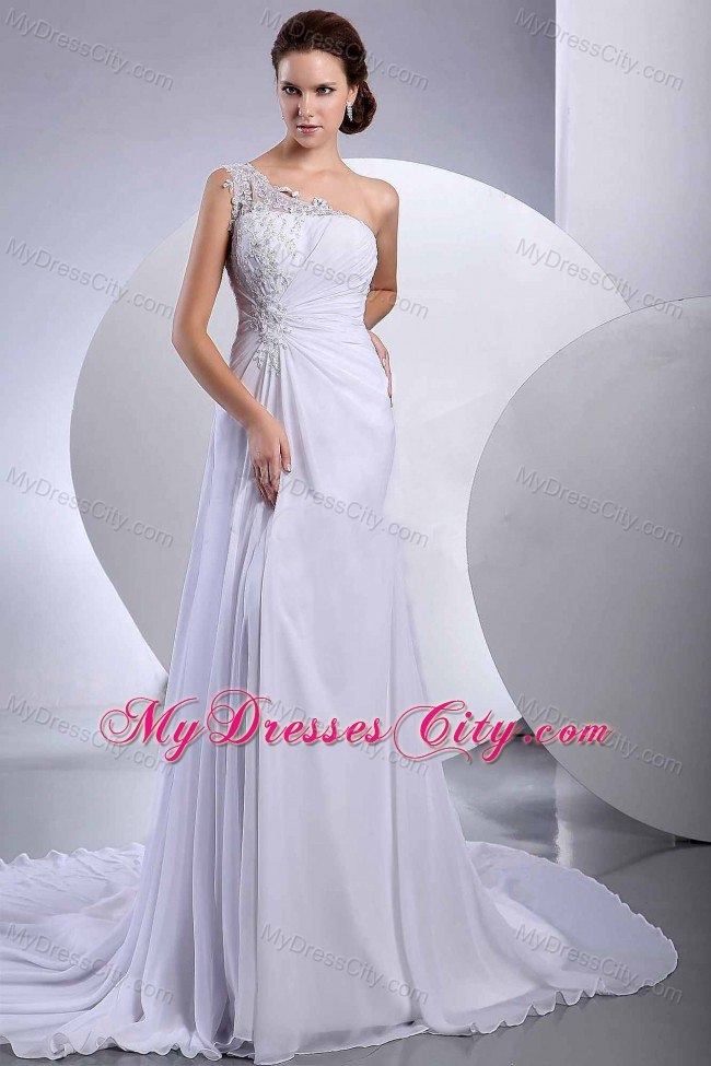 Appliques One Shoulder Chiffon Empire Wedding Bridal Dresses with Court Train