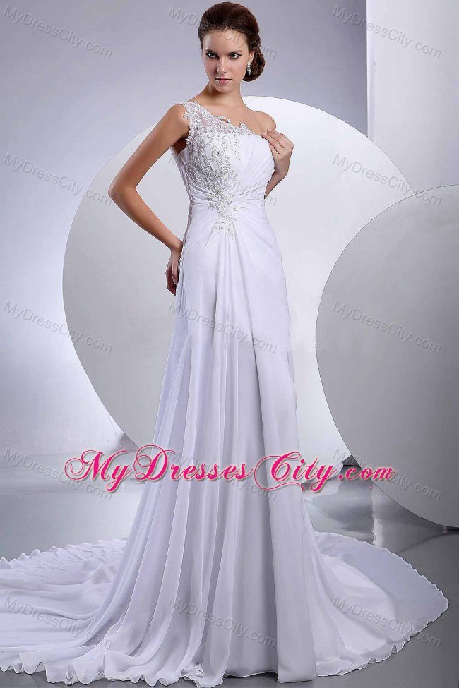 Appliques One Shoulder Chiffon Empire Wedding Bridal Dresses with Court Train