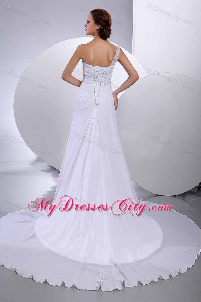 Appliques One Shoulder Chiffon Empire Wedding Bridal Dresses with Court Train