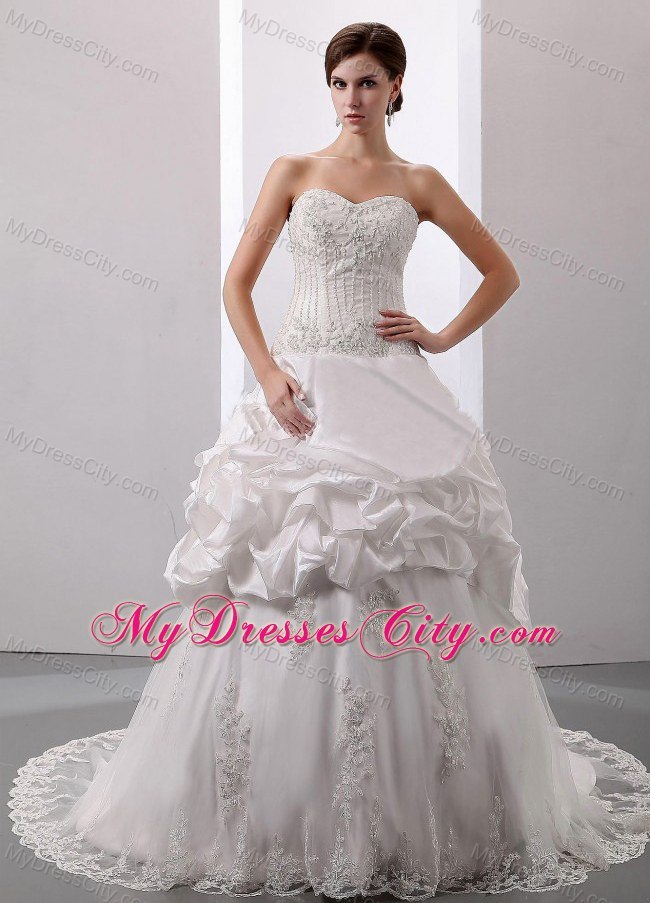 Beading Lace Flowers and Pick-ups Sweetheart Court Train Bridal Dress