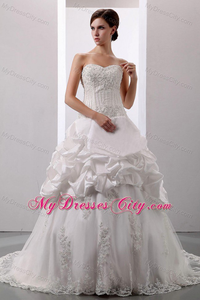 Beading Lace Flowers and Pick-ups Sweetheart Court Train Bridal Dress