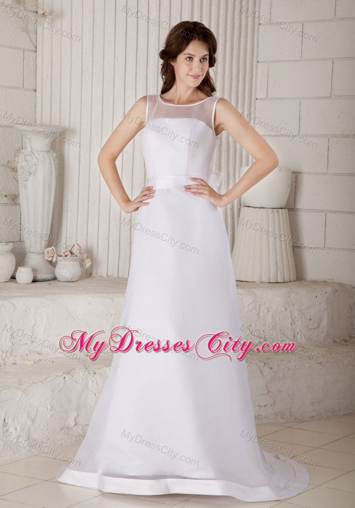 Transparent Scoop Neckline Brush Train Wedding Gown with Satin Ribbon