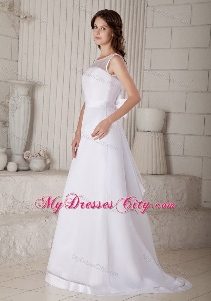 Transparent Scoop Neckline Brush Train Wedding Gown with Satin Ribbon