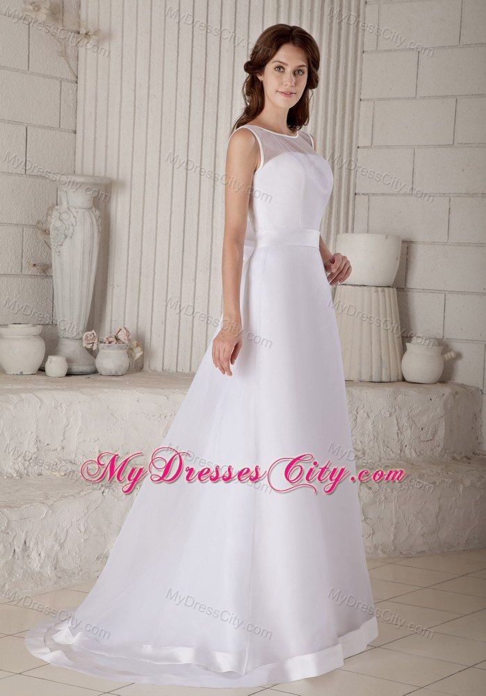 Transparent Scoop Neckline Brush Train Wedding Gown with Satin Ribbon