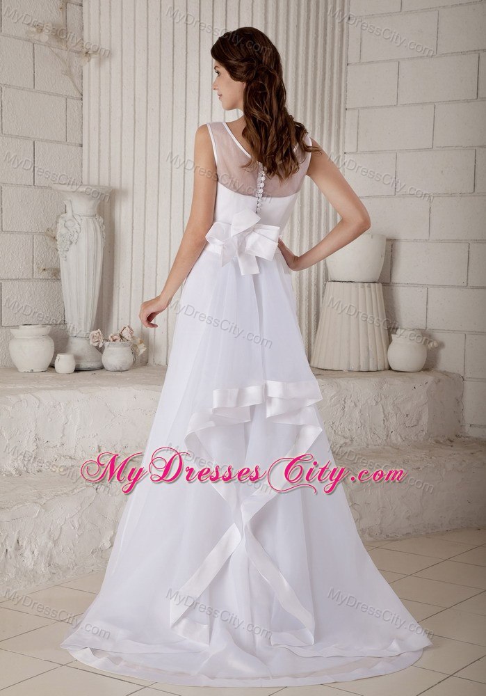 Transparent Scoop Neckline Brush Train Wedding Gown with Satin Ribbon