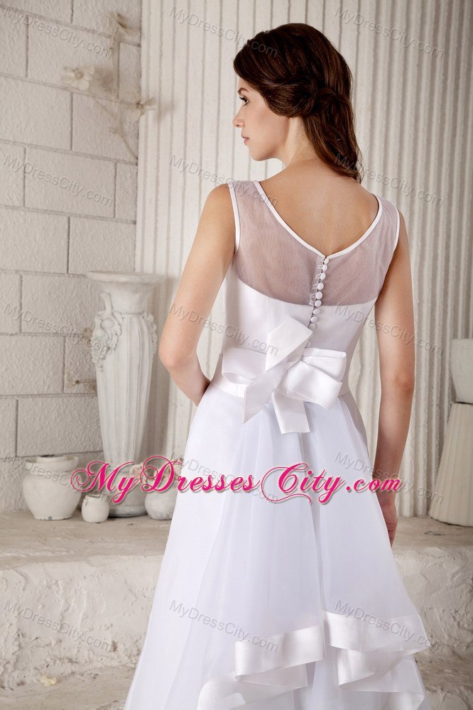 Transparent Scoop Neckline Brush Train Wedding Gown with Satin Ribbon