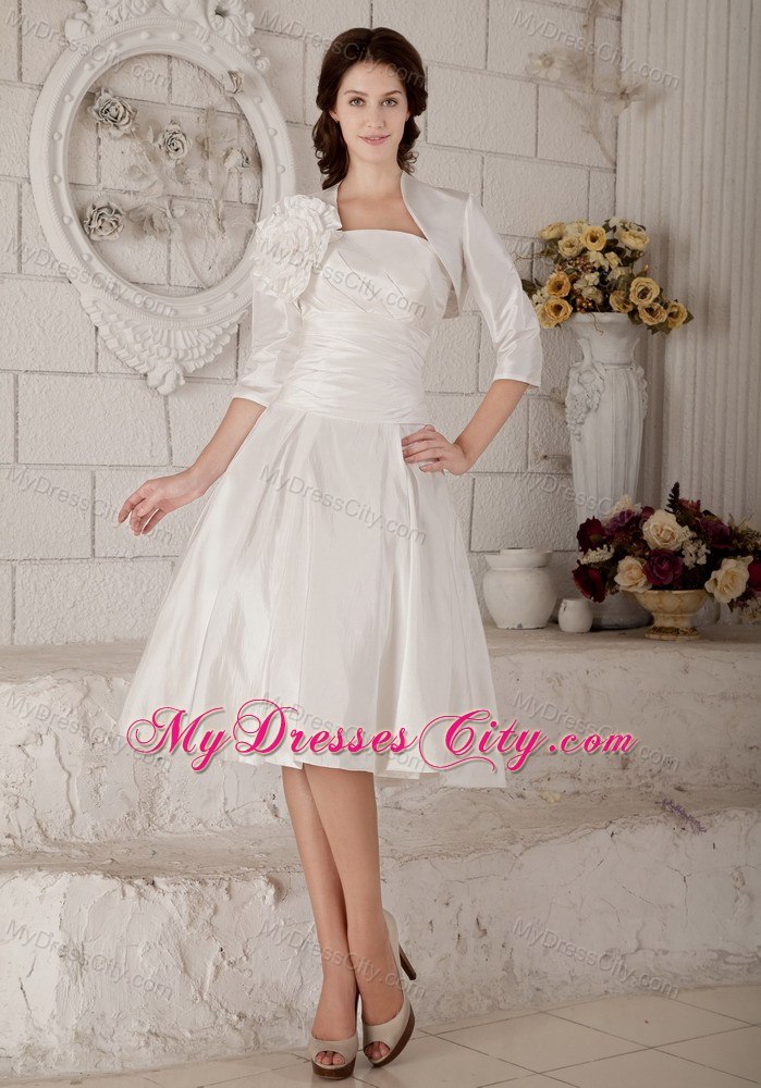 Ruching Knee-length Wedding Dress with Hand Made Flower Jacket