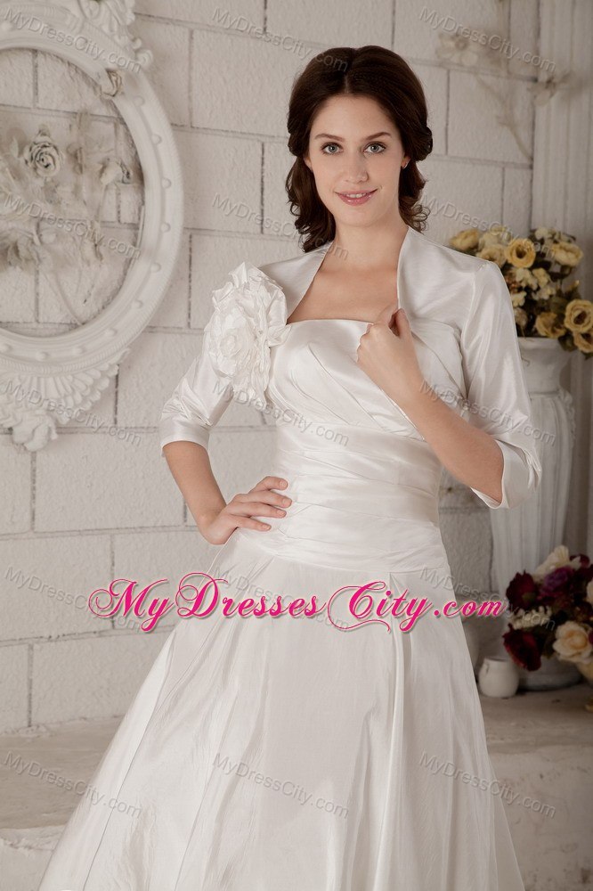 Ruching Knee-length Wedding Dress with Hand Made Flower Jacket