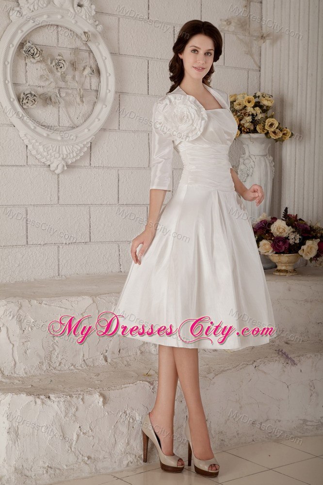 Ruching Knee-length Wedding Dress with Hand Made Flower Jacket