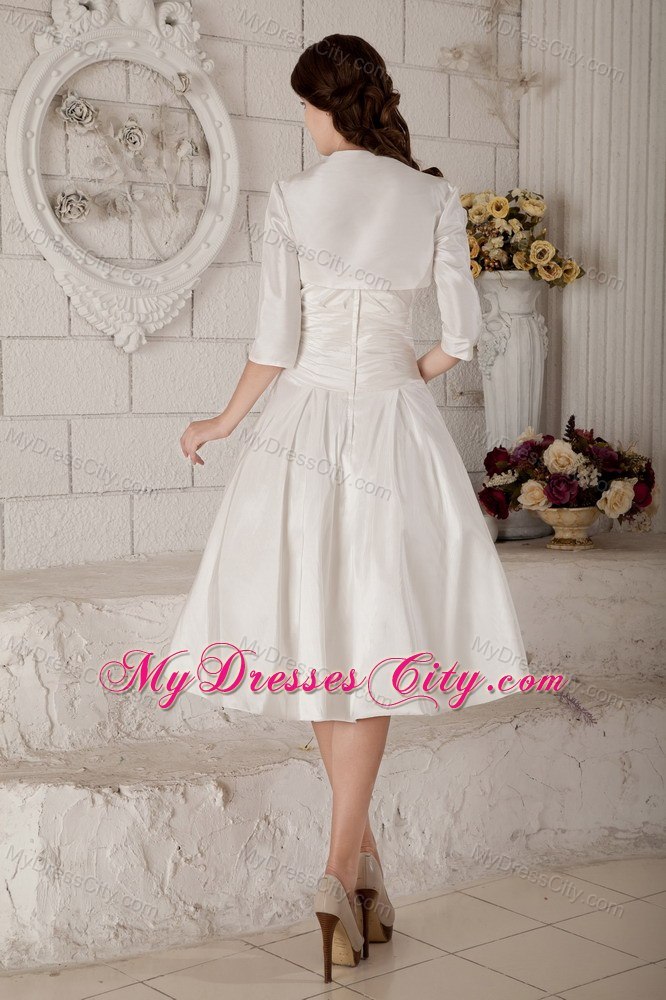 Ruching Knee-length Wedding Dress with Hand Made Flower Jacket