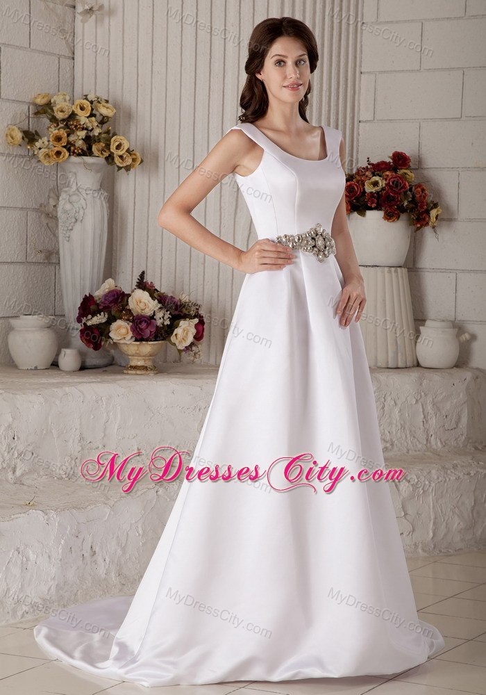 Luxurious Princess Scoop Court Train Bridal Gowns with Beading Sash