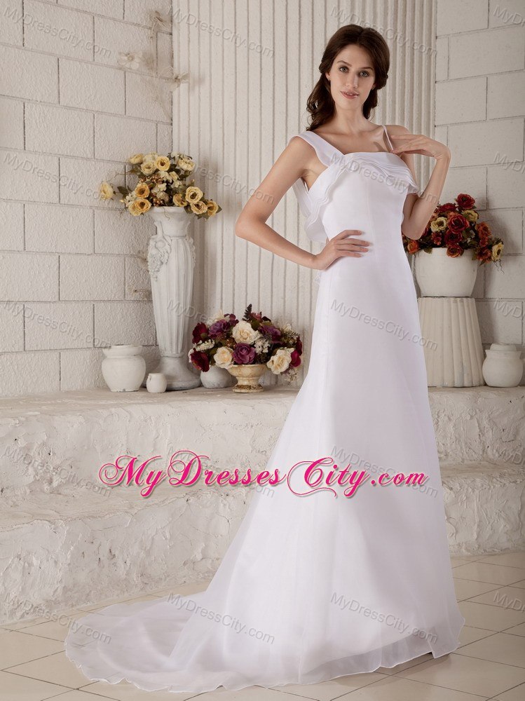 Asymmetrical Straps Organza Court Train Bridal Gown with Back Out