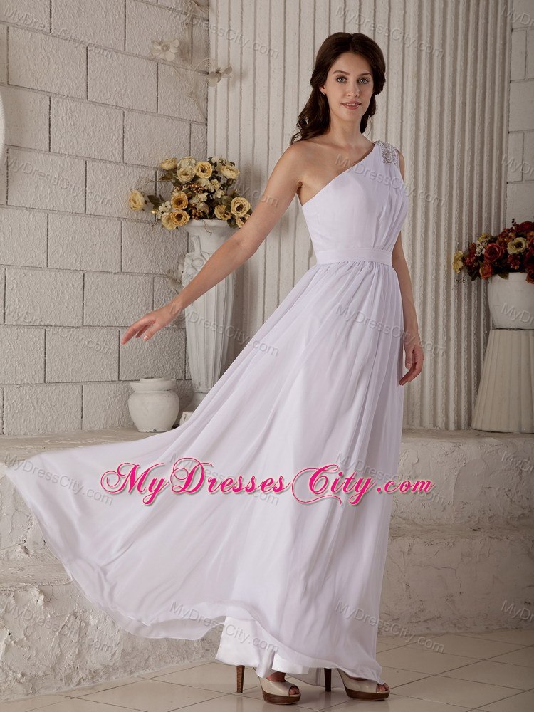 Beading Appliques One Shoulder Ankle-length Chiffon Wedding Dresses in White