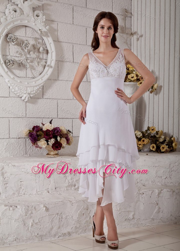 Transparent V-neck Asymmetrical Tiers Tea-length Embroidery Wedding Dresses