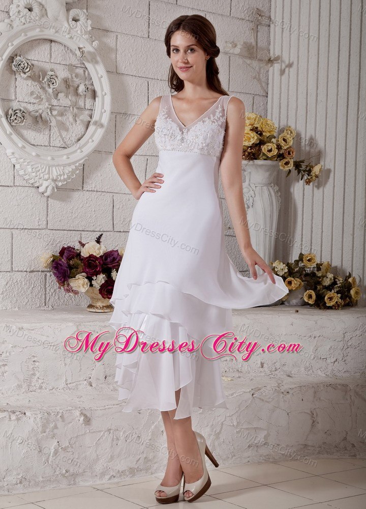 Transparent V-neck Asymmetrical Tiers Tea-length Embroidery Wedding Dresses