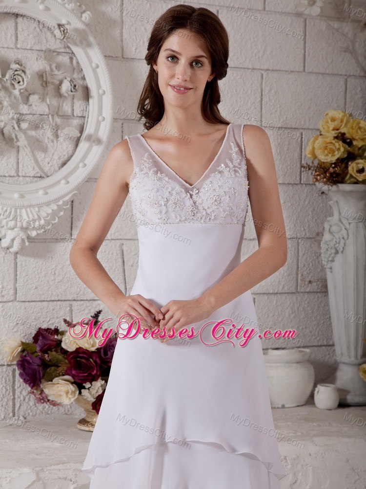 Transparent V-neck Asymmetrical Tiers Tea-length Embroidery Wedding Dresses